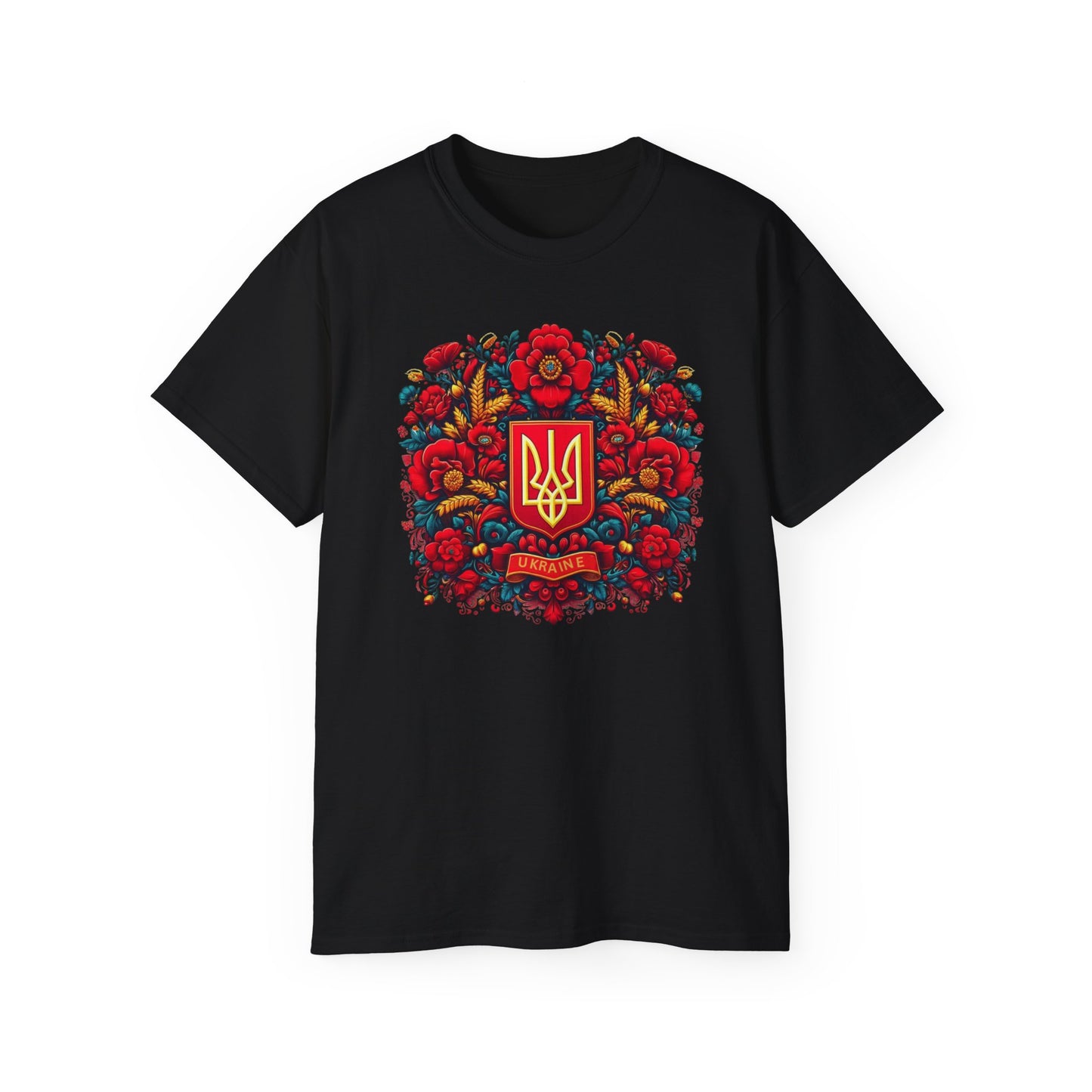 Ukrainian Floral Trident Emblem Tee - Celebrate Heritage