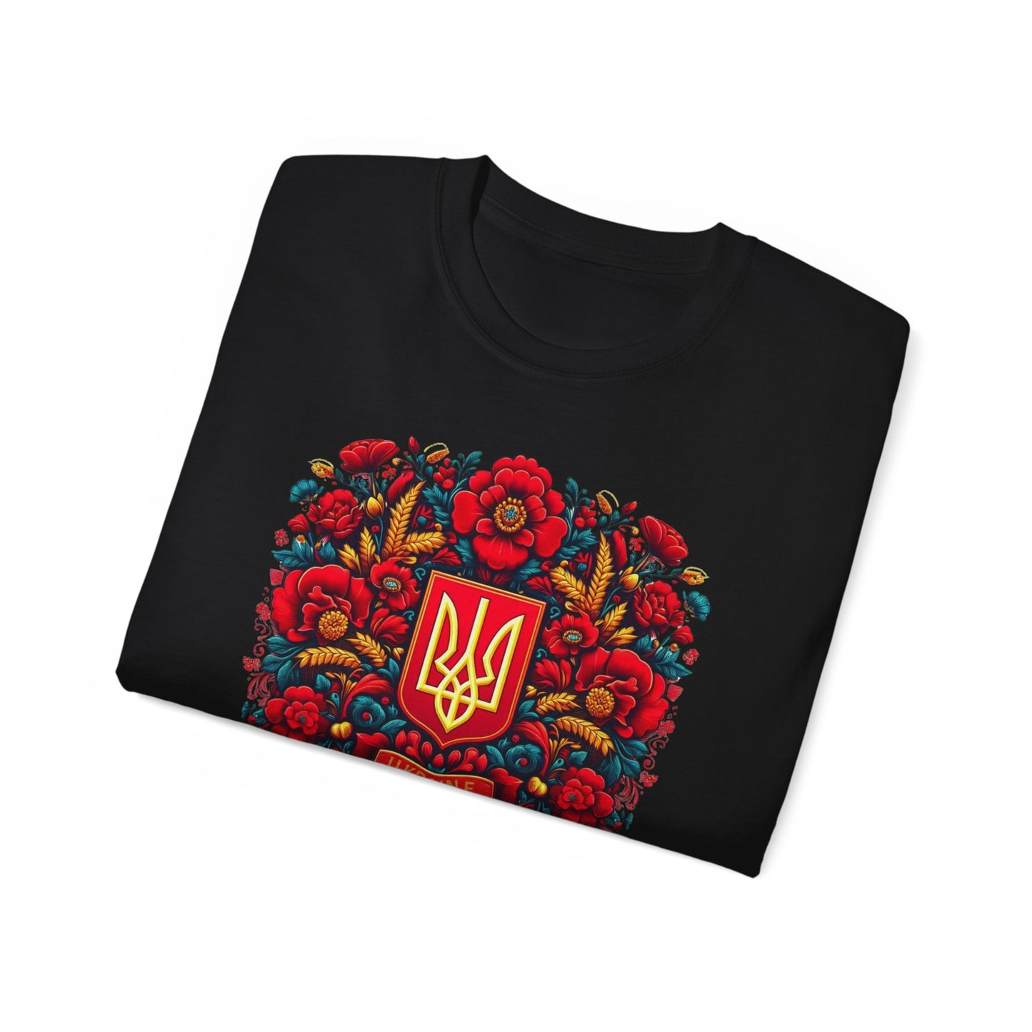 Ukrainian Floral Trident Emblem Tee - Celebrate Heritage